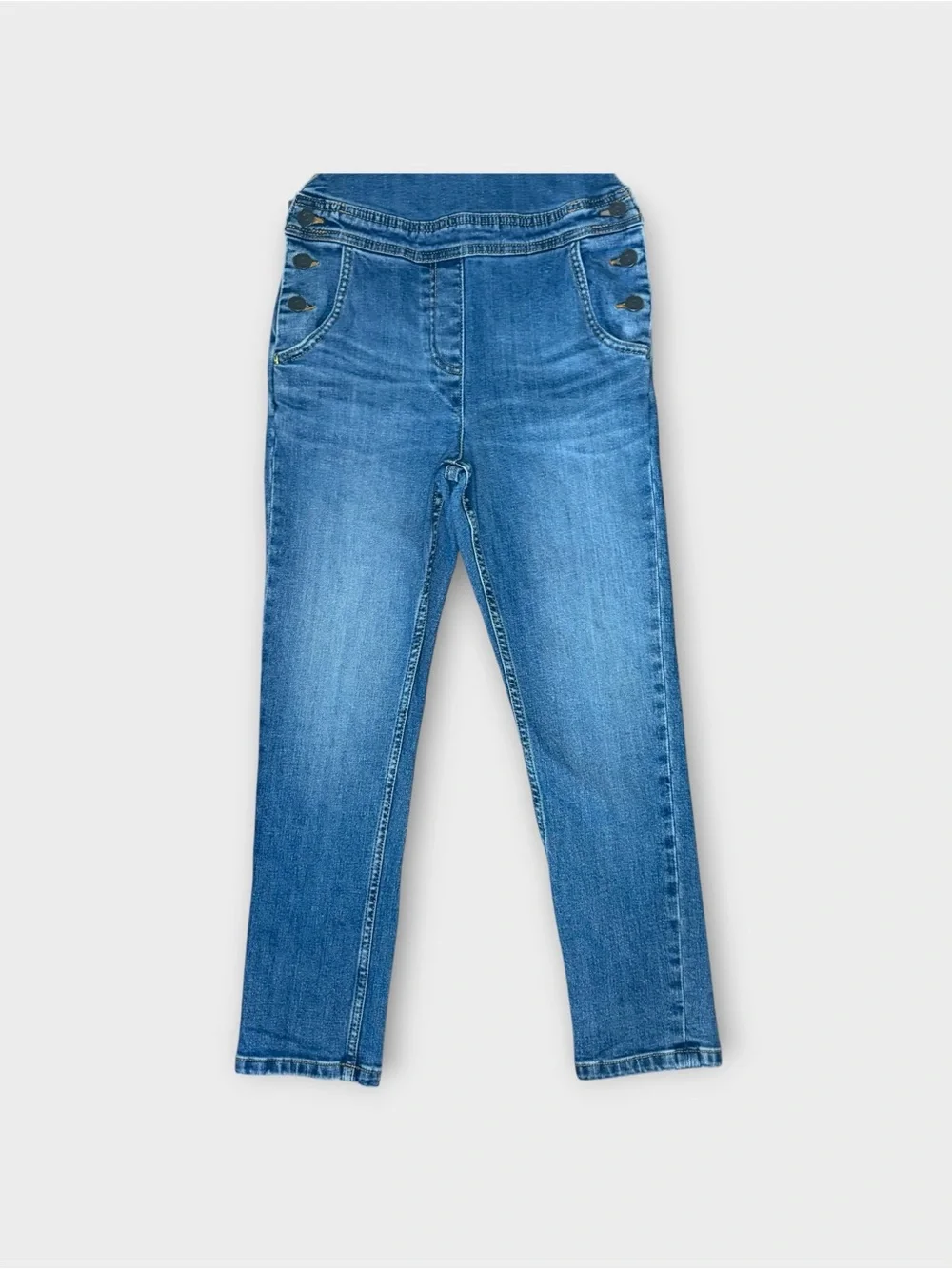 Mini Boden Rainbow Chest Embroidered Dark Wash Denim Overalls
